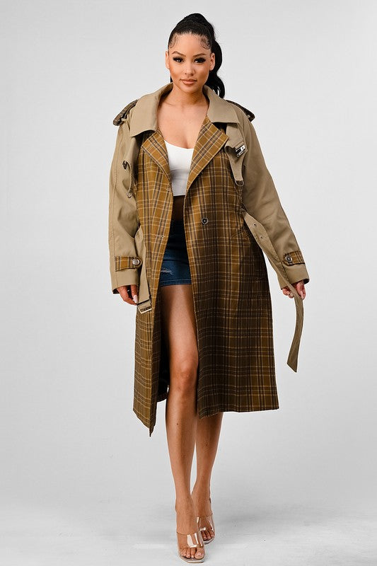 Bliss Plaid  Khaki Contrast Trench Coat