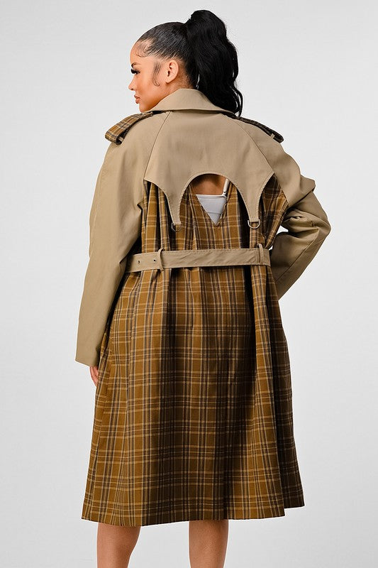 Bliss Plaid  Khaki Contrast Trench Coat