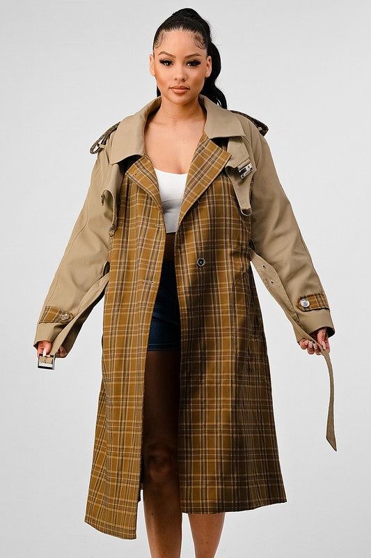 Bliss Plaid  Khaki Contrast Trench Coat