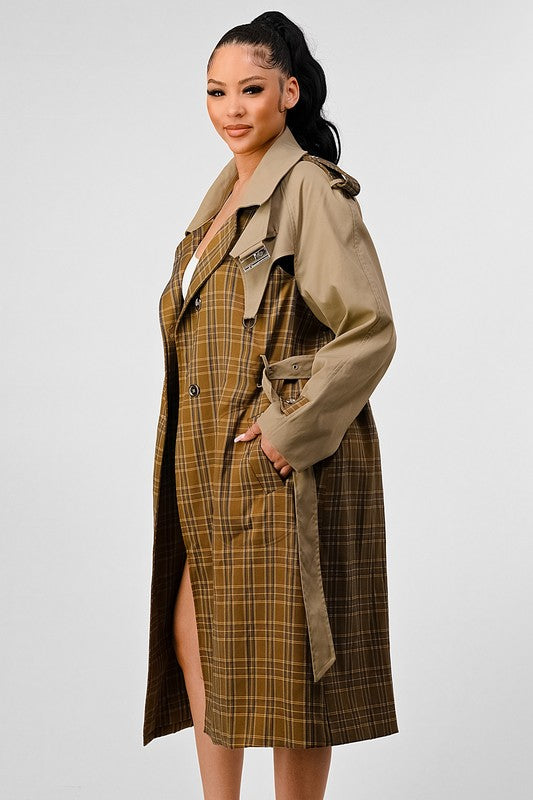 Bliss Plaid  Khaki Contrast Trench Coat