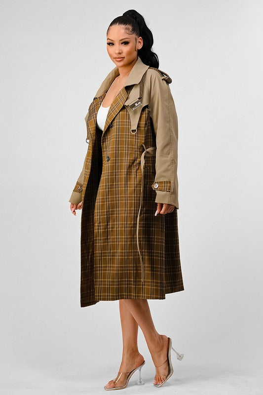 Bliss Plaid  Khaki Contrast Trench Coat