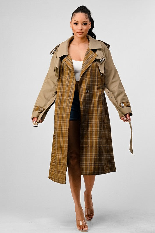 Bliss Plaid  Khaki Contrast Trench Coat