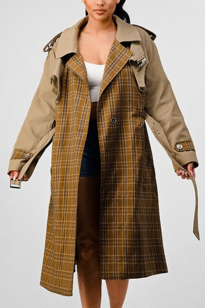 Bliss Plaid  Khaki Contrast Trench Coat