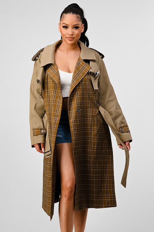 Bliss Plaid  Khaki Contrast Trench Coat