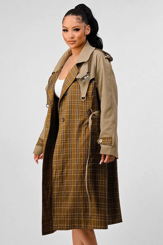 Bliss Plaid  Khaki Contrast Trench Coat