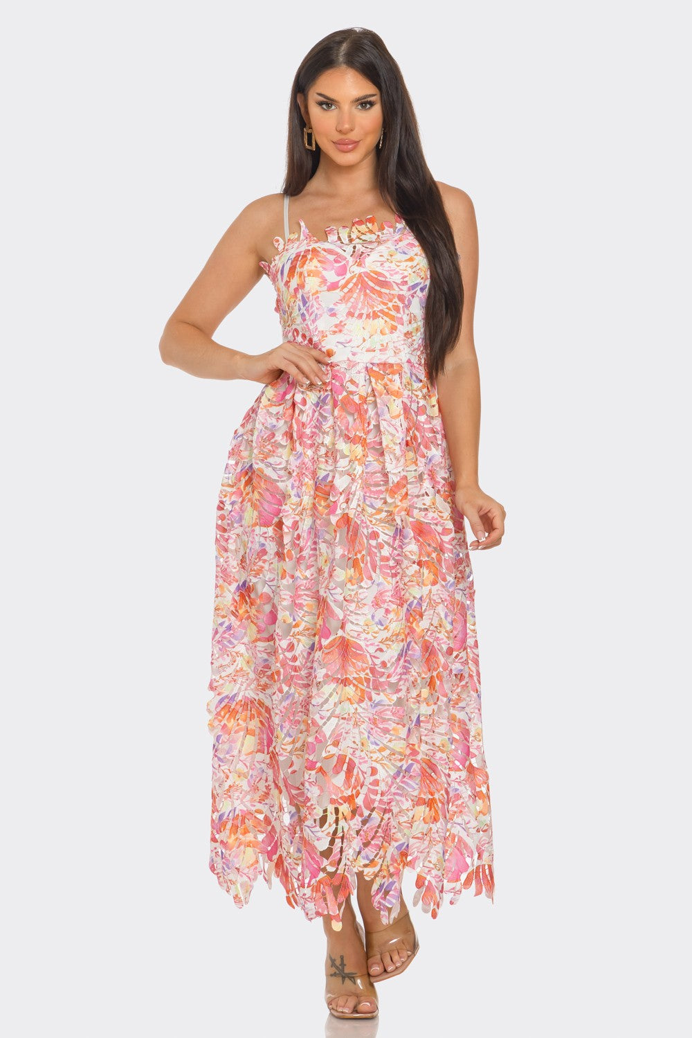 Lace Tropical Print Maxi Dress