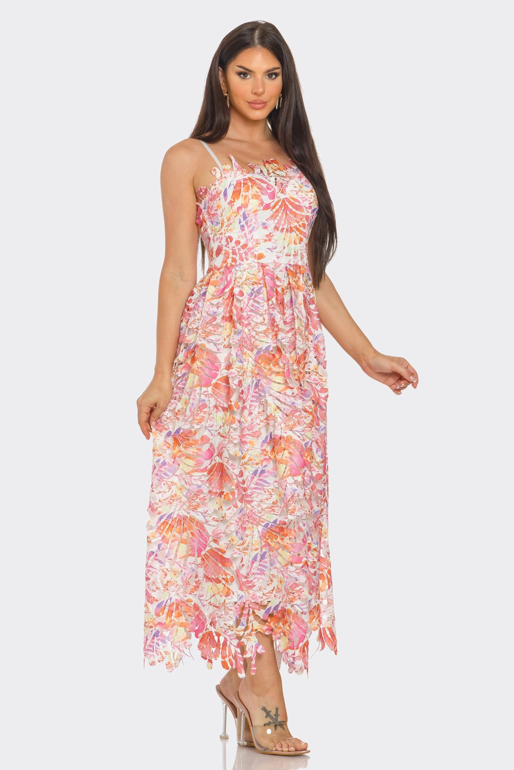 Lace Tropical Print Maxi Dress