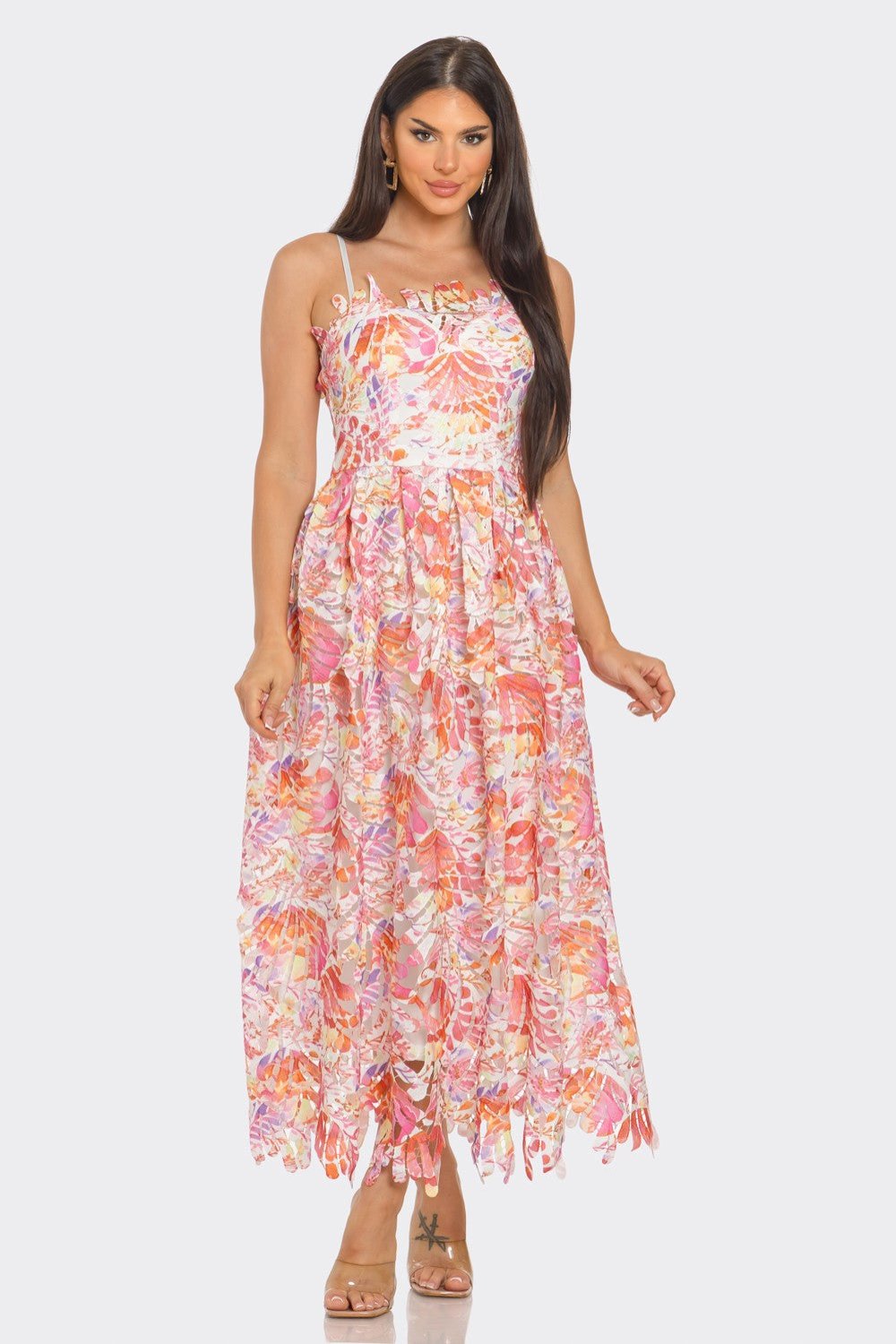 Lace Tropical Print Maxi Dress