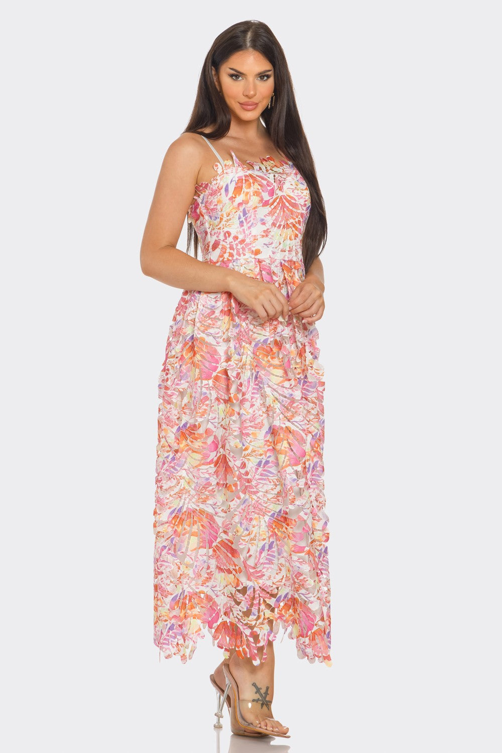 Lace Tropical Print Maxi Dress