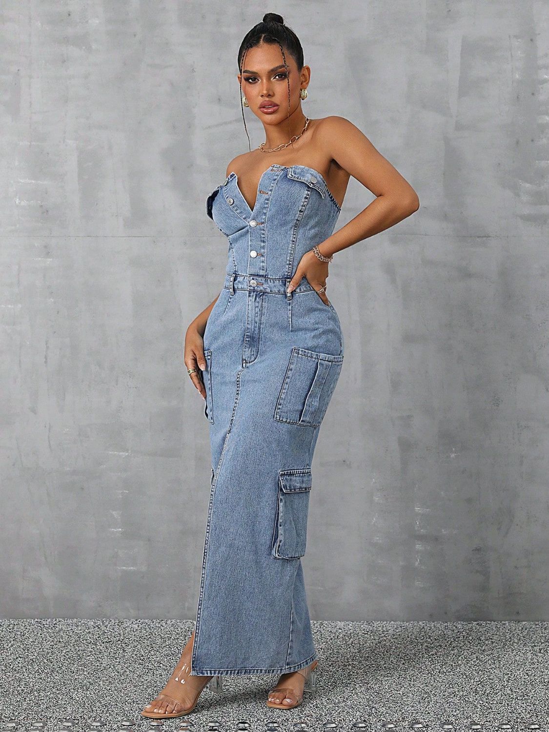 Slit Button Tube Denim Dress