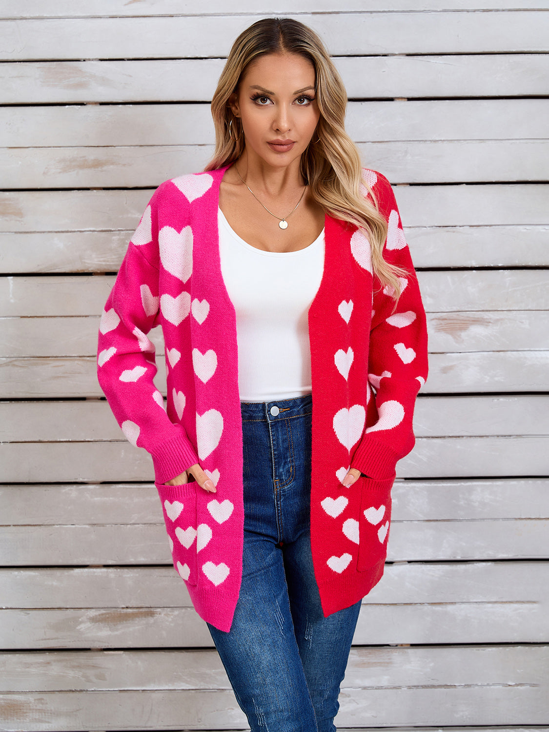 Hearts Open Front Long Sleeve Cardigan