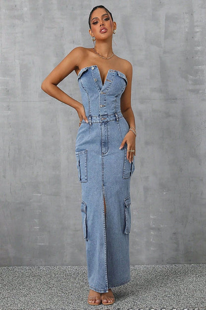 Slit Button Tube Denim Dress