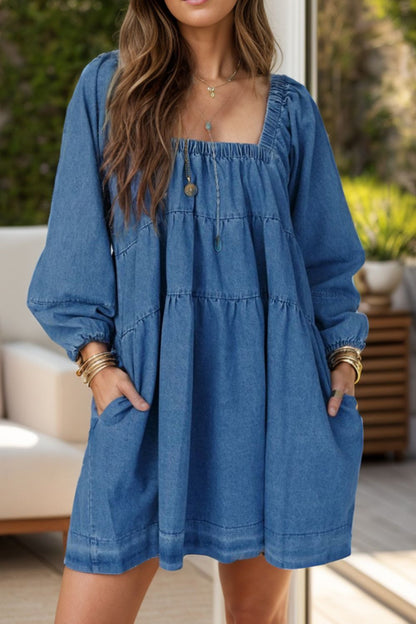 Tied Square Neck Long Sleeve Denim Dress