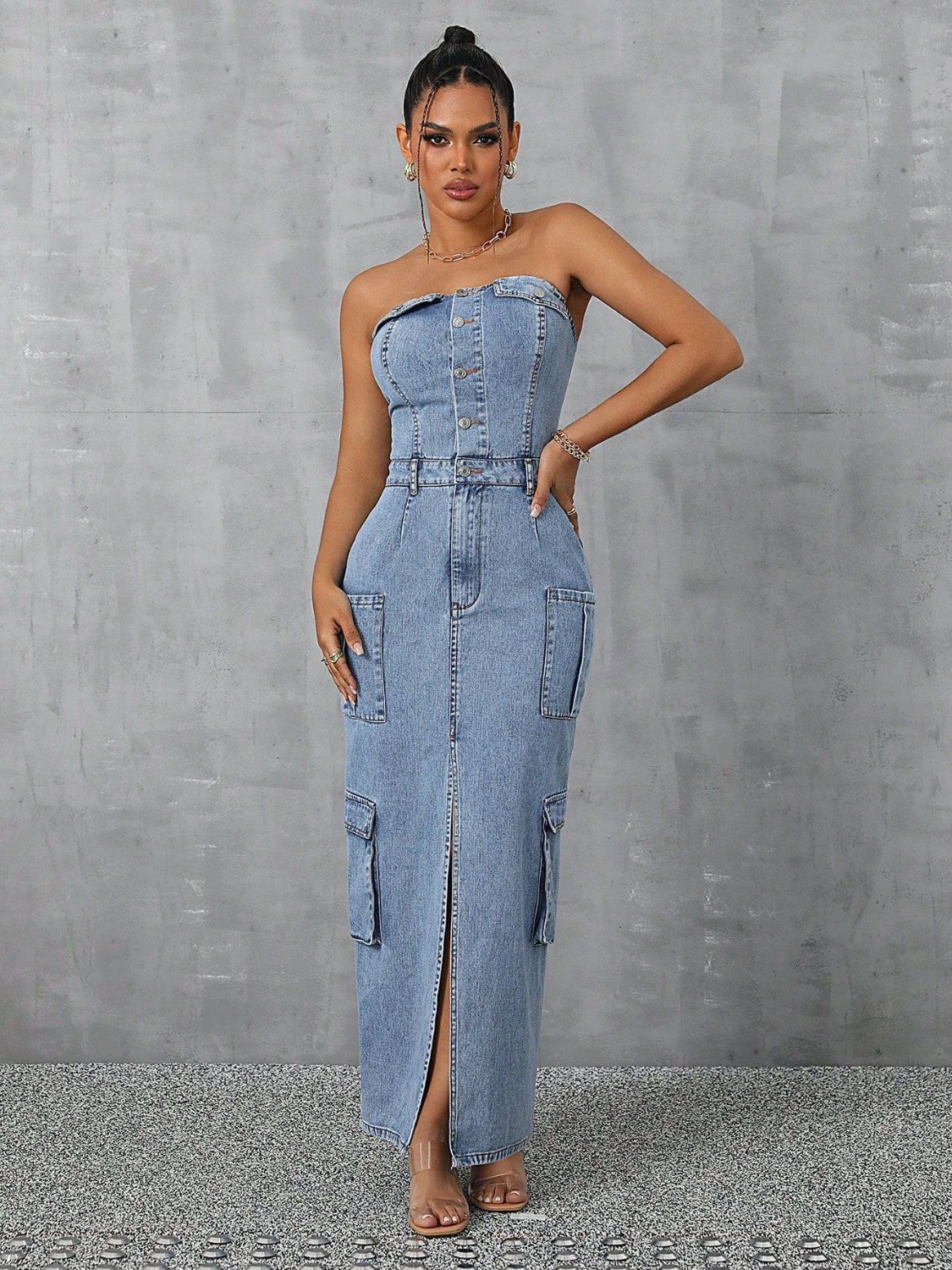 Slit Button Tube Denim Dress