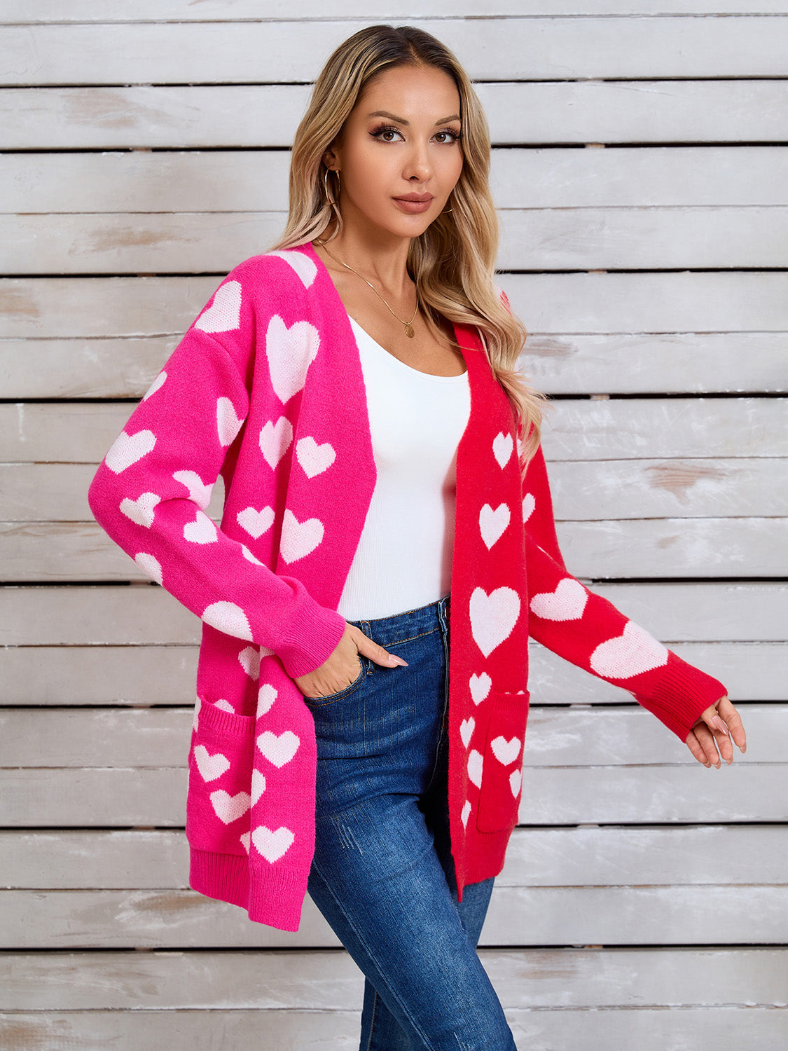 Hearts Open Front Long Sleeve Cardigan