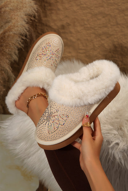 Beige Butterfly Sequined Thick Sole Plush Slip On Boots