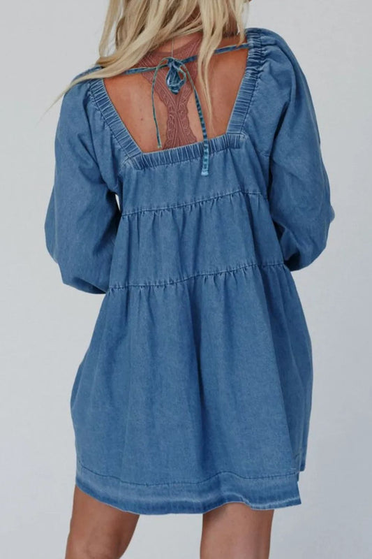 Tied Square Neck Long Sleeve Denim Dress