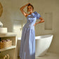 Stripe print one shoulder dress with self flower detail: M / Royal Blue