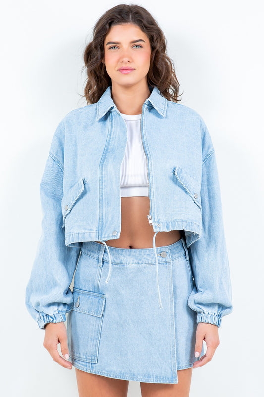 Drawstring  Crop Denim Jacket