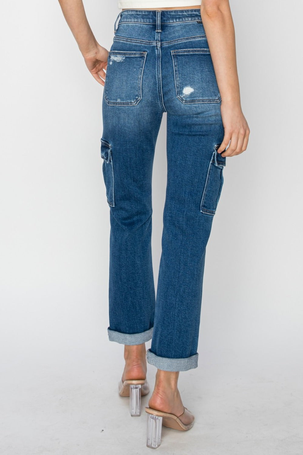 High Rise Cargo Ankle Roll Up Jeans