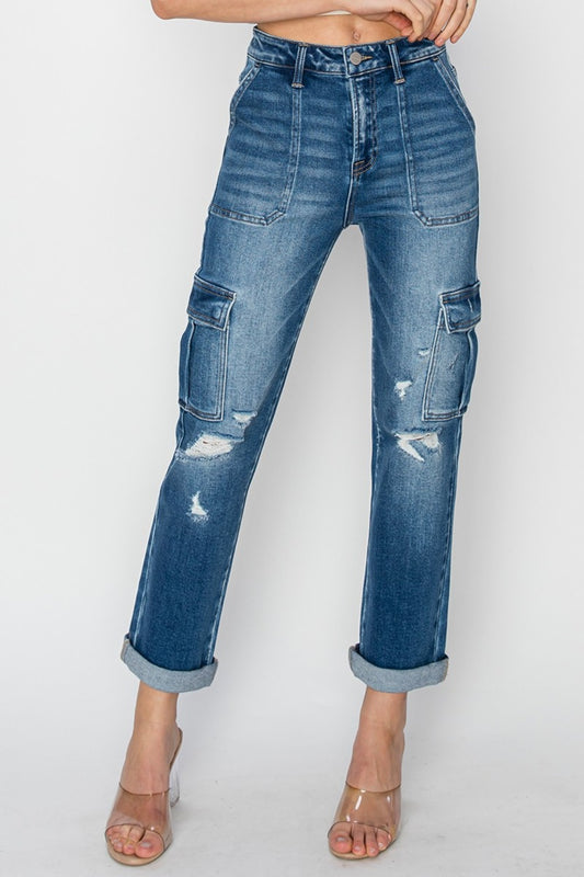 High Rise Cargo Ankle Roll Up Jeans