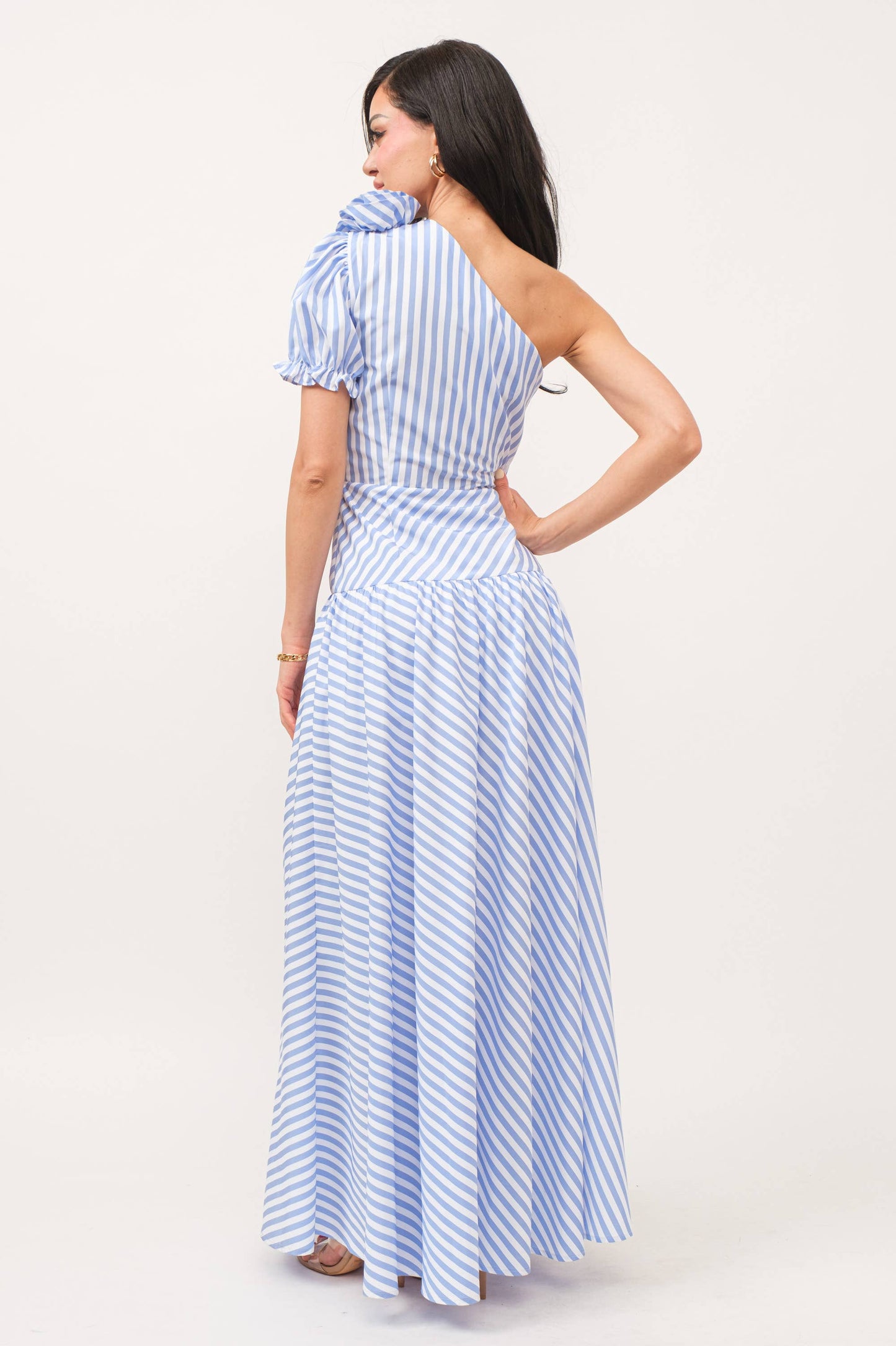 Stripe print one shoulder dress with self flower detail: M / Royal Blue