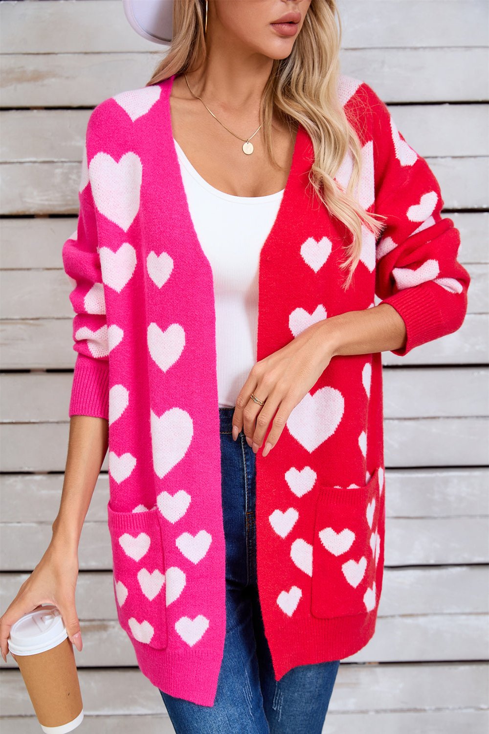 Hearts Open Front Long Sleeve Cardigan