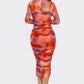 Summer Heat Print Mesh Ruched Midi Dress