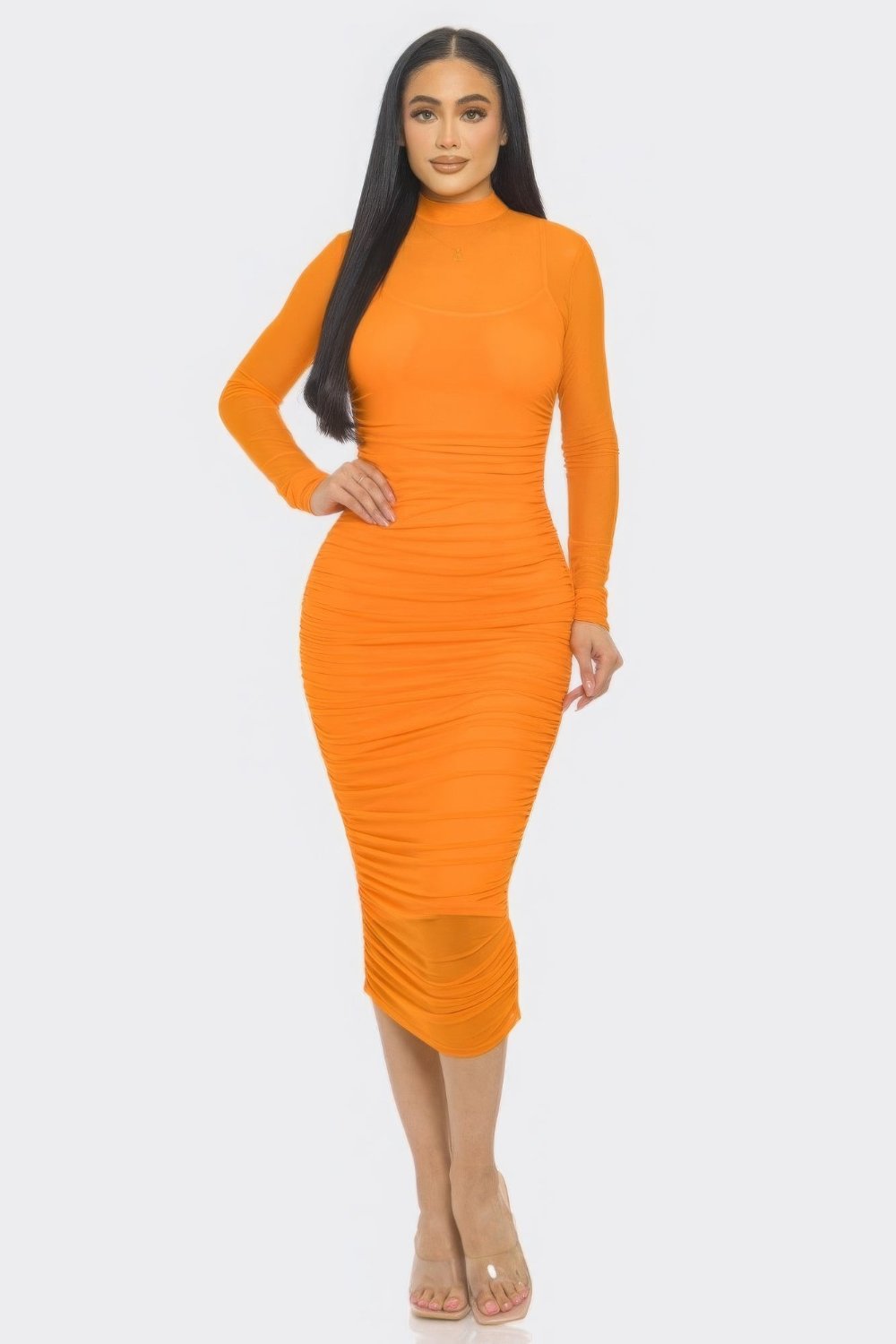 Mesh Ruched Midi Dress