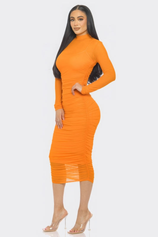 Mesh Ruched Midi Dress