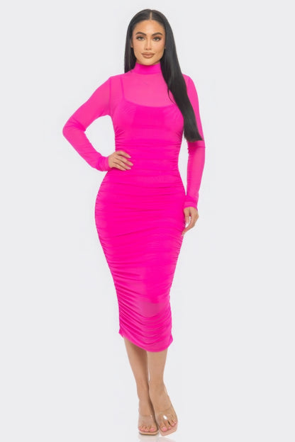 Mesh Ruched Midi Dress