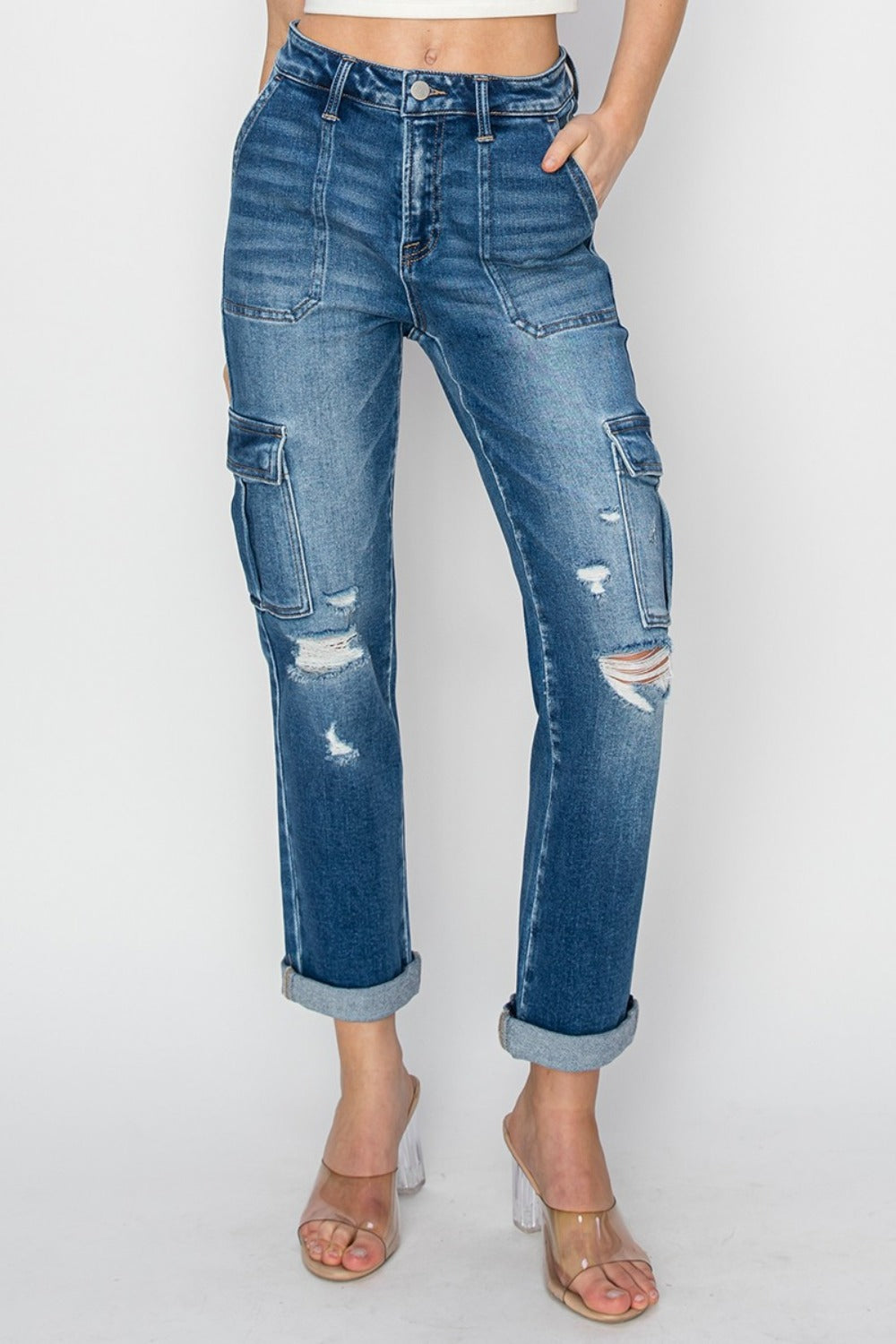 High Rise Cargo Ankle Roll Up Jeans