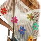 White Hollowed Crochet Colorful Flower Loose Knit T Shirt