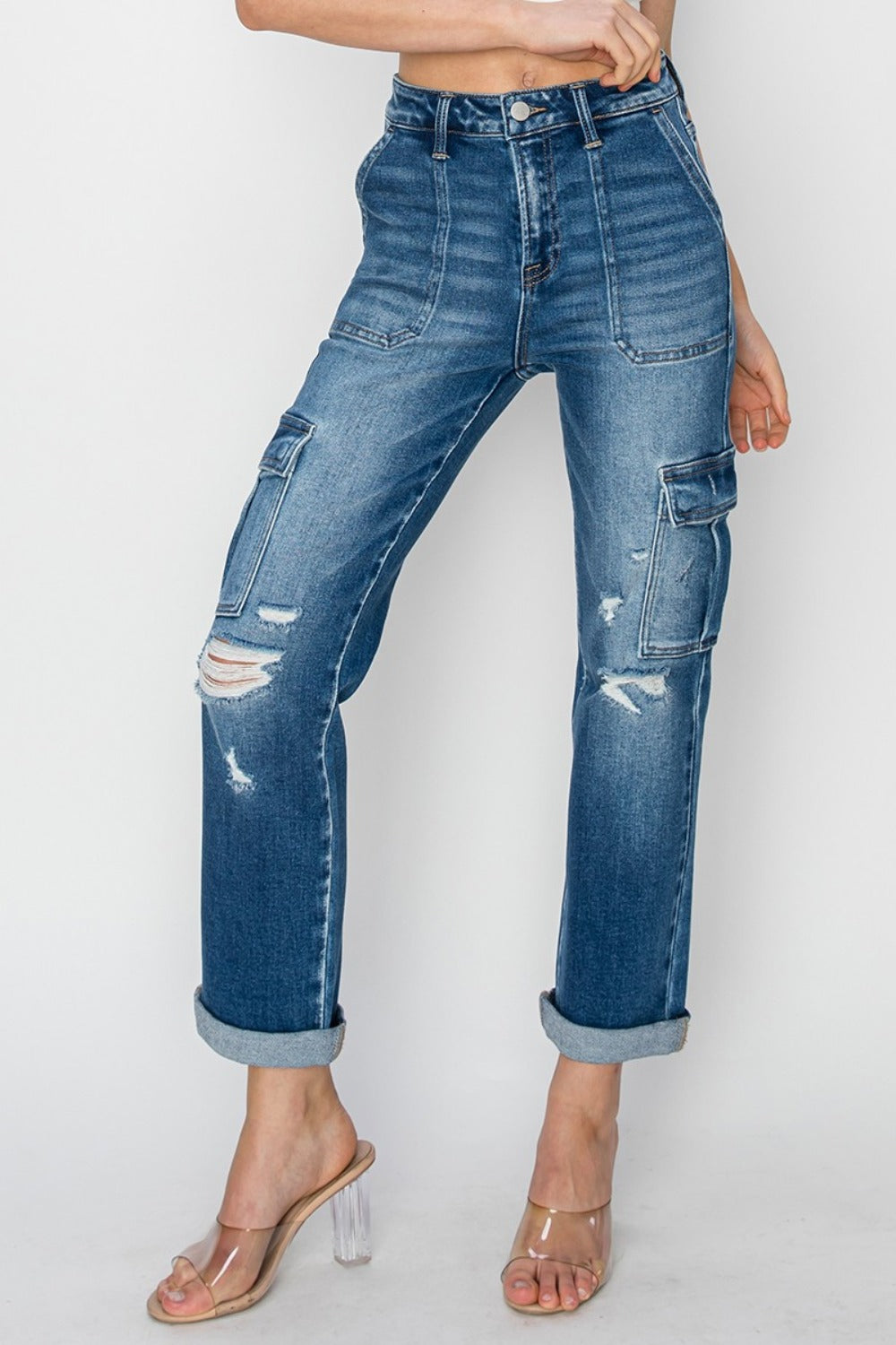 High Rise Cargo Ankle Roll Up Jeans