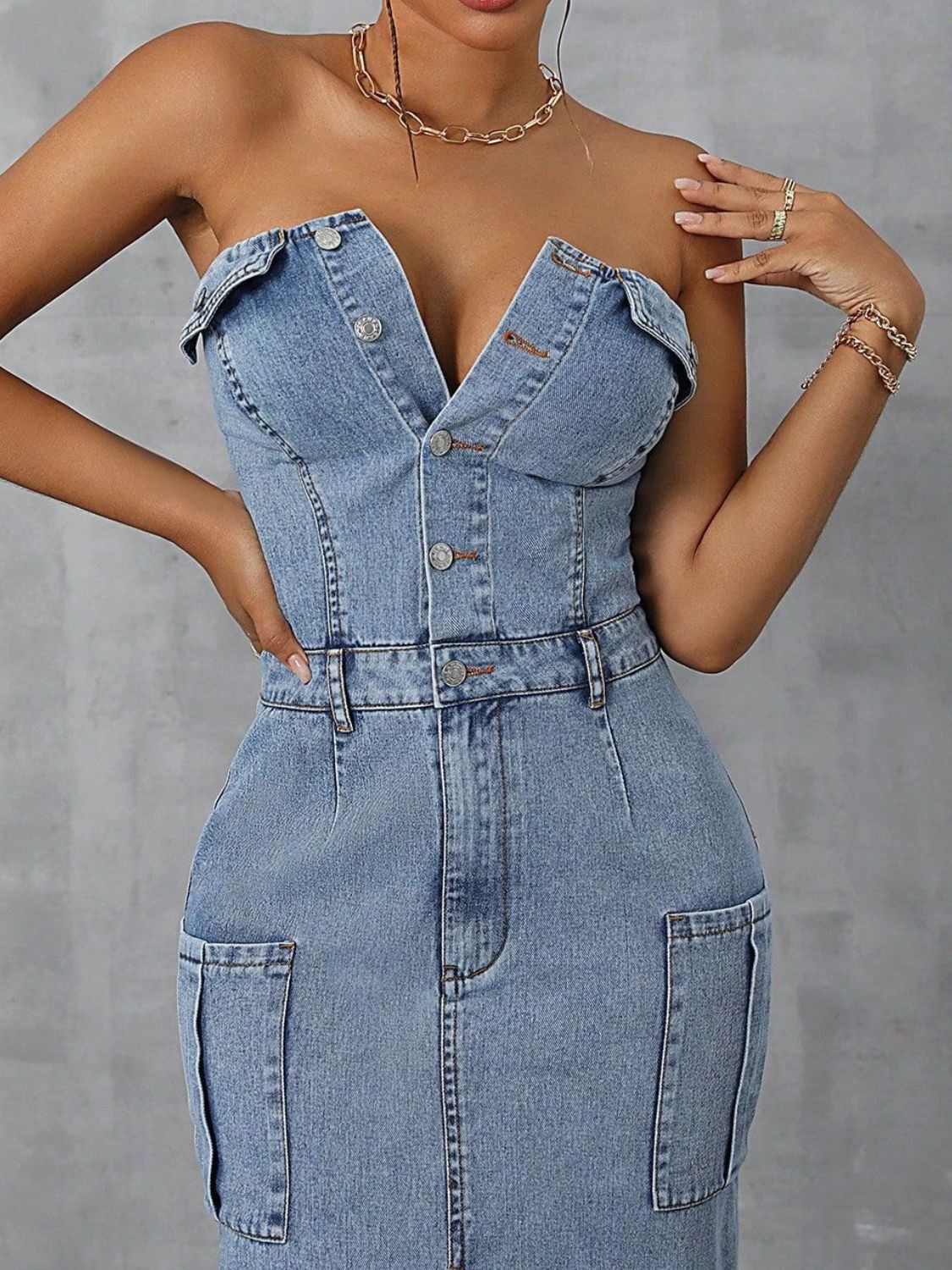 Slit Button Tube Denim Dress